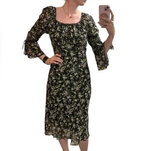 Vintage Dark Micro Floral Whimsigoth Flutter Sleeve Midi Dress - Size 14